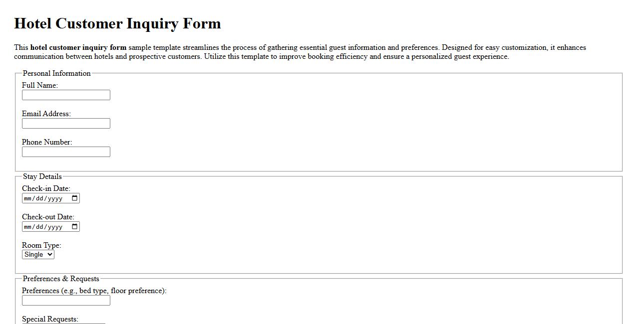 Hotel customer inquiry form sample template image preview