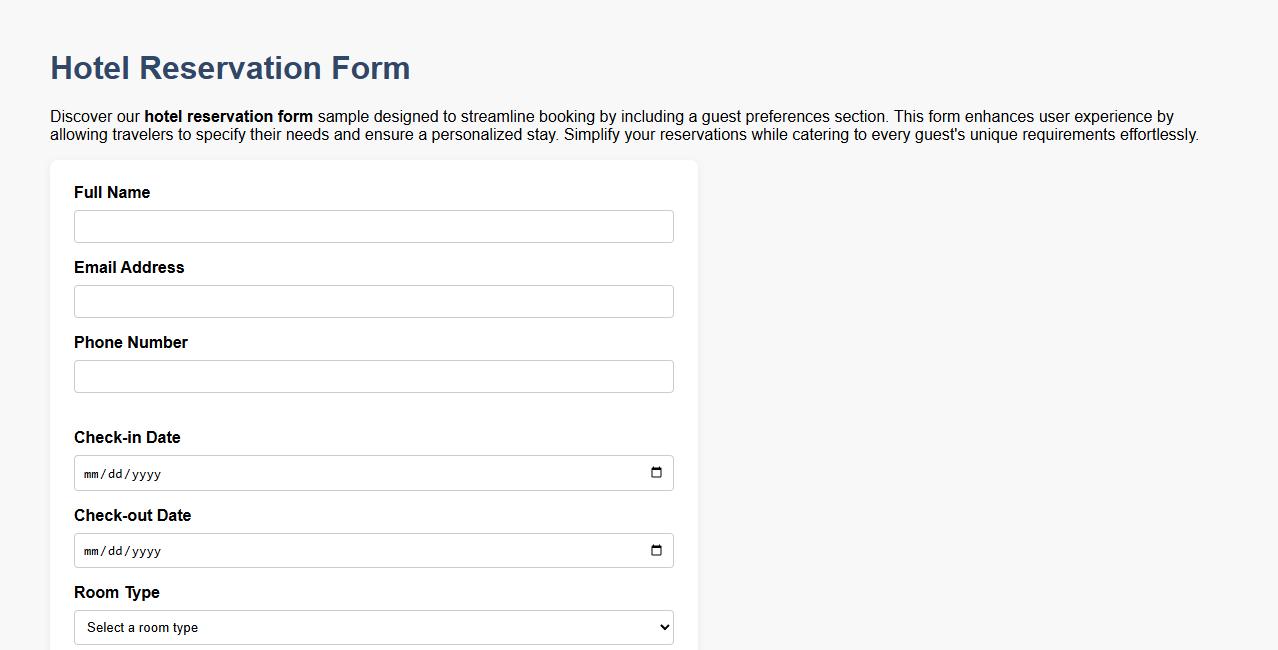 Hotel reservation form sample with guest preferences section image preview