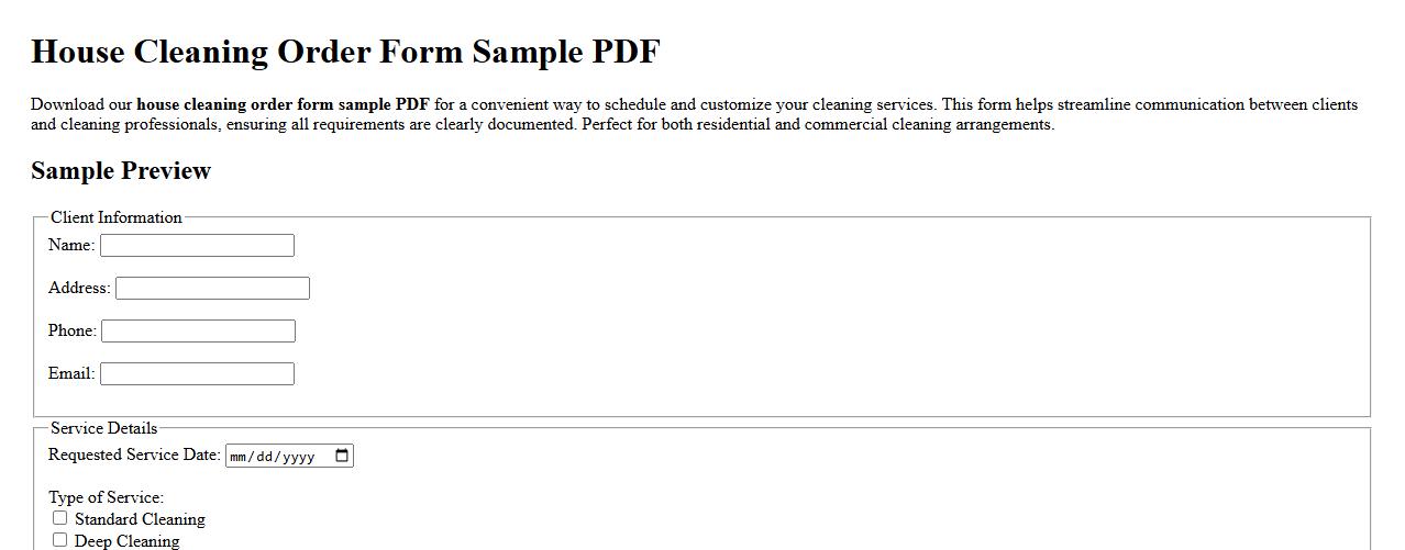 house cleaning order form sample pdf image preview