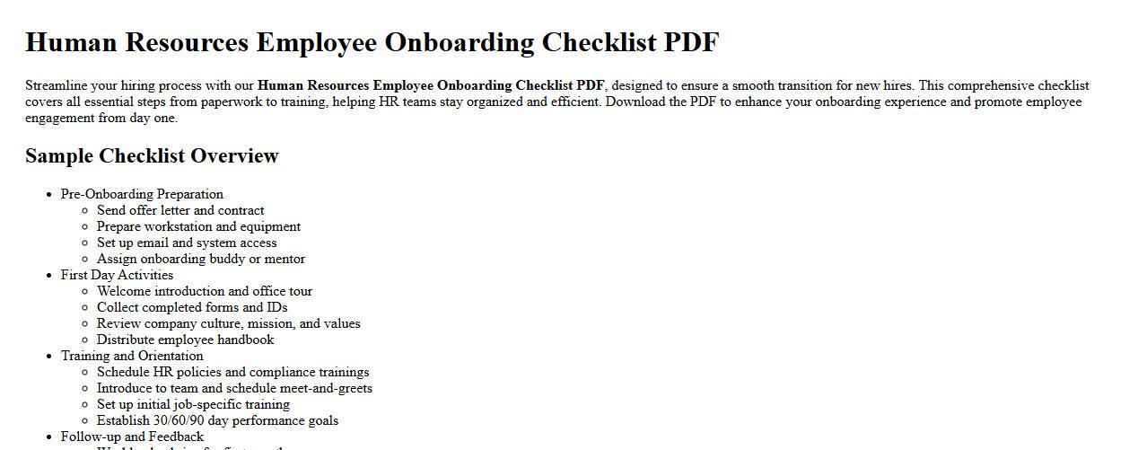 Human resources employee onboarding checklist PDF image preview
