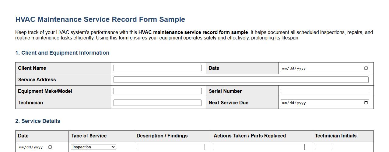 HVAC maintenance service record form sample image preview