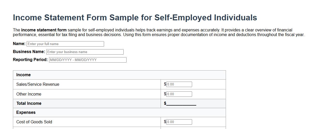 Income statement form sample for self-employed individuals image preview