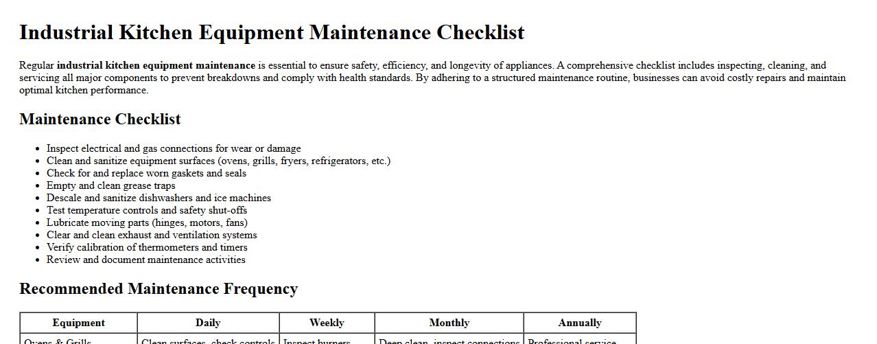 Industrial kitchen equipment maintenance checklist image preview