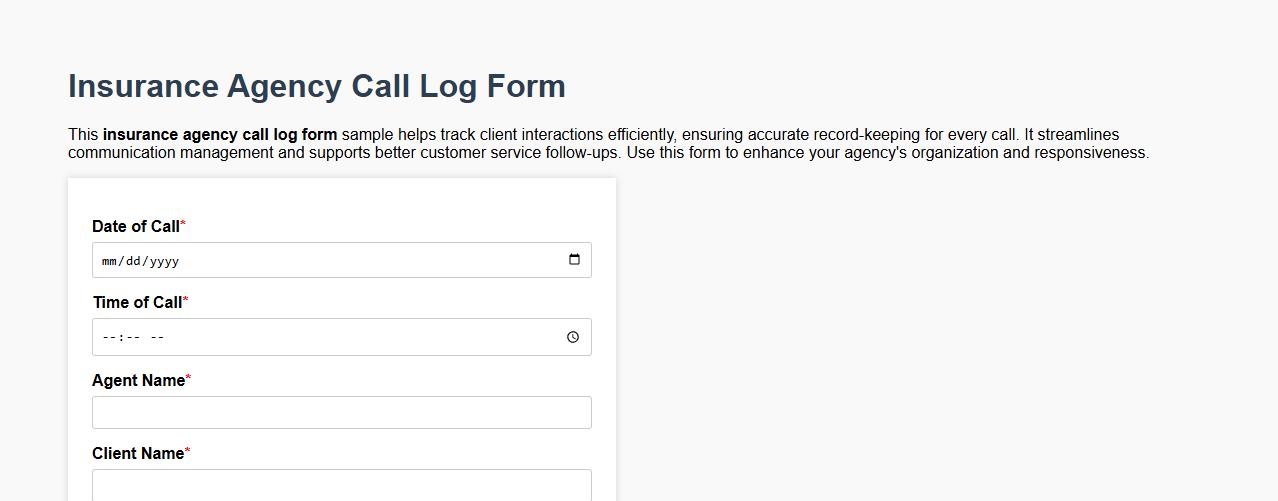 insurance agency call log form sample image preview