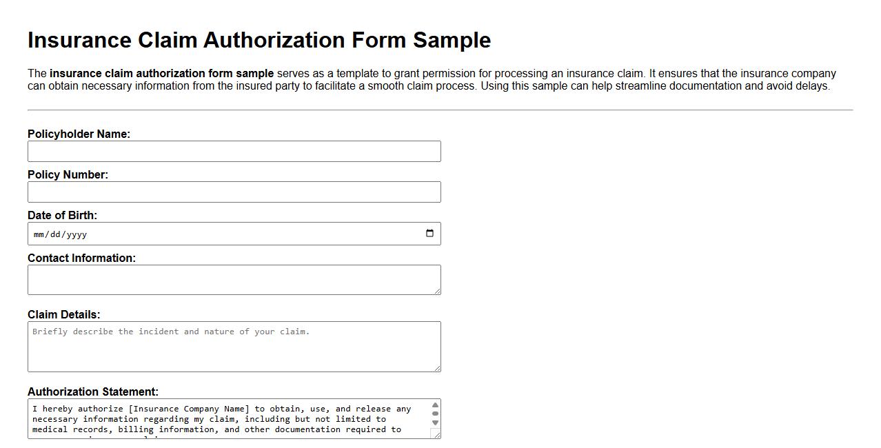 insurance claim authorization form sample image preview