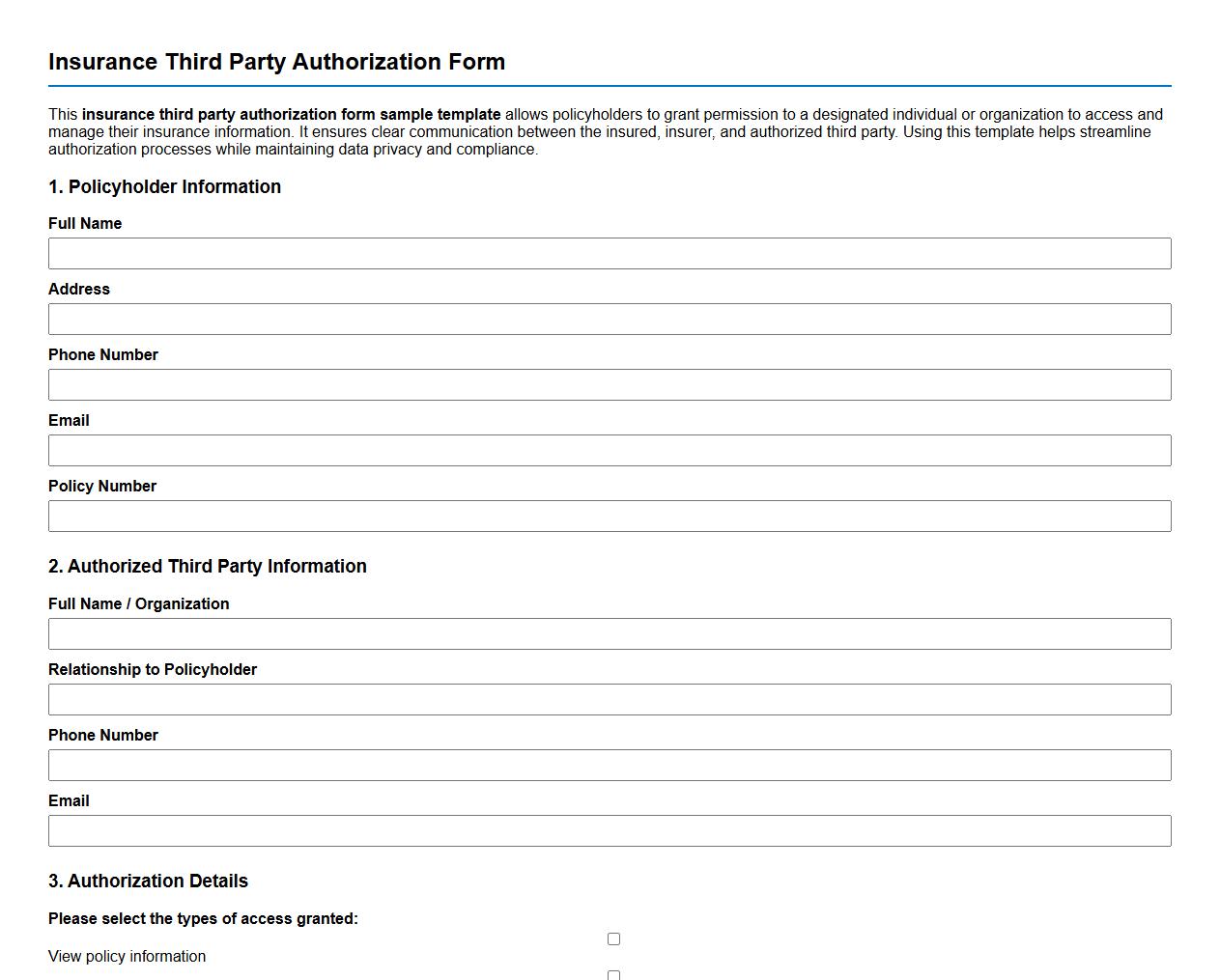 insurance third party authorization form sample template image preview