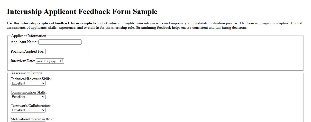 Internship applicant feedback form sample image preview