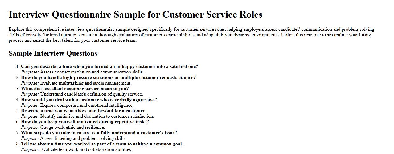 Interview questionnaire sample for customer service roles image preview