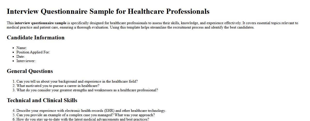 Interview questionnaire sample for healthcare professionals image preview
