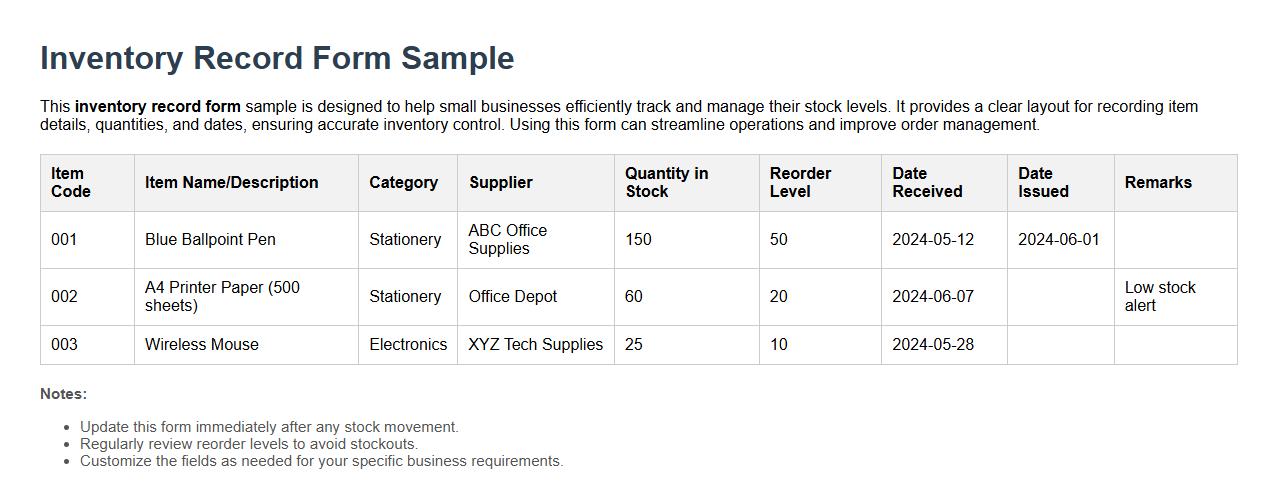 Inventory record form sample for small business image preview