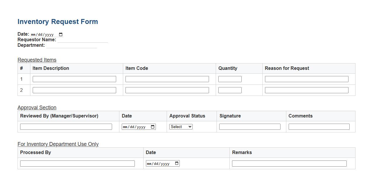 inventory request form sample with approval section image preview