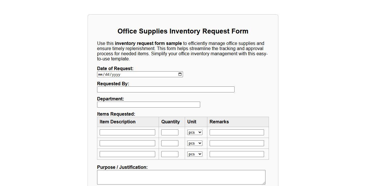 inventory request form sample for office supplies image preview