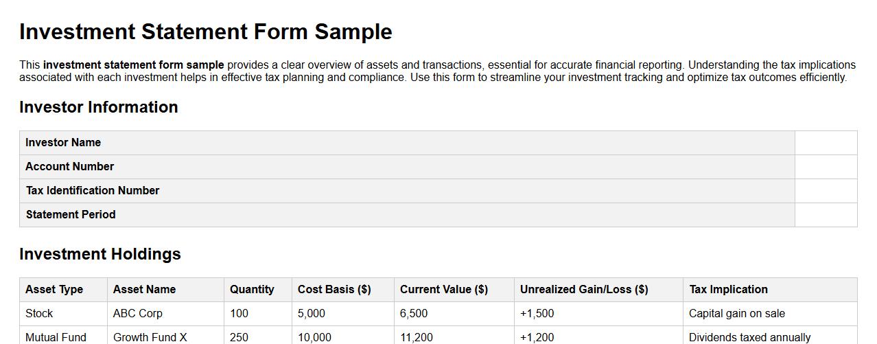 Investment statement form sample with tax implications image preview