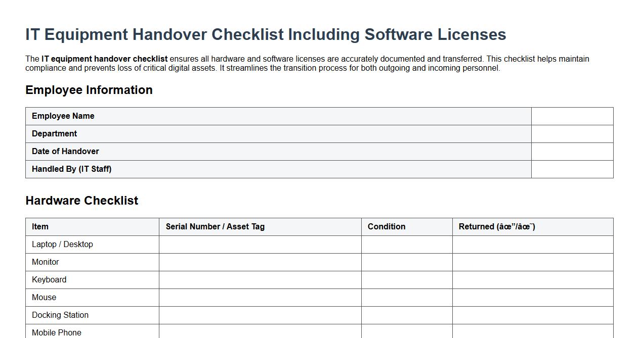 IT equipment handover checklist including software licenses image preview