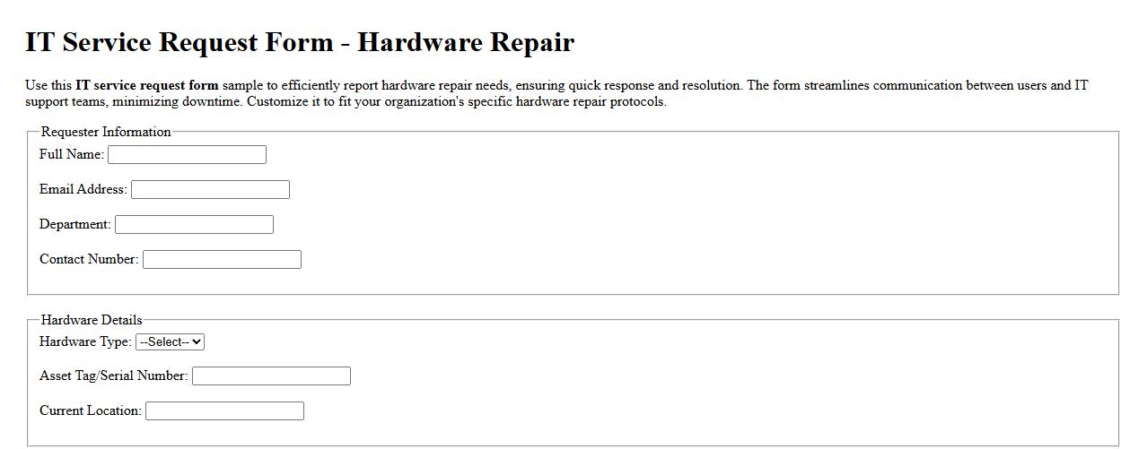 IT service request form sample for hardware repair image preview