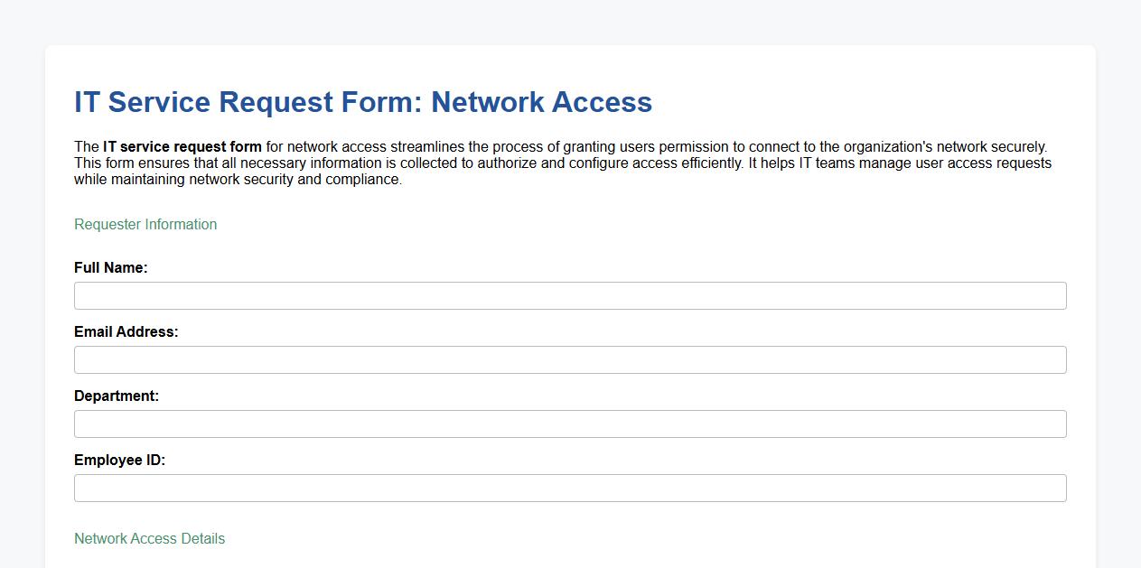 IT service request form sample for network access image preview