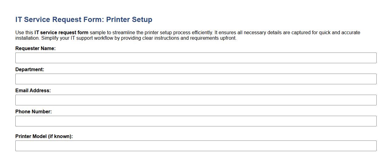 IT service request form sample for printer setup image preview