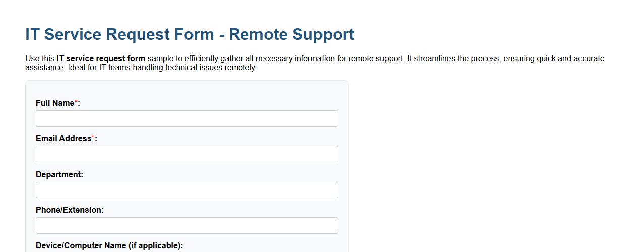 IT service request form sample for remote support image preview