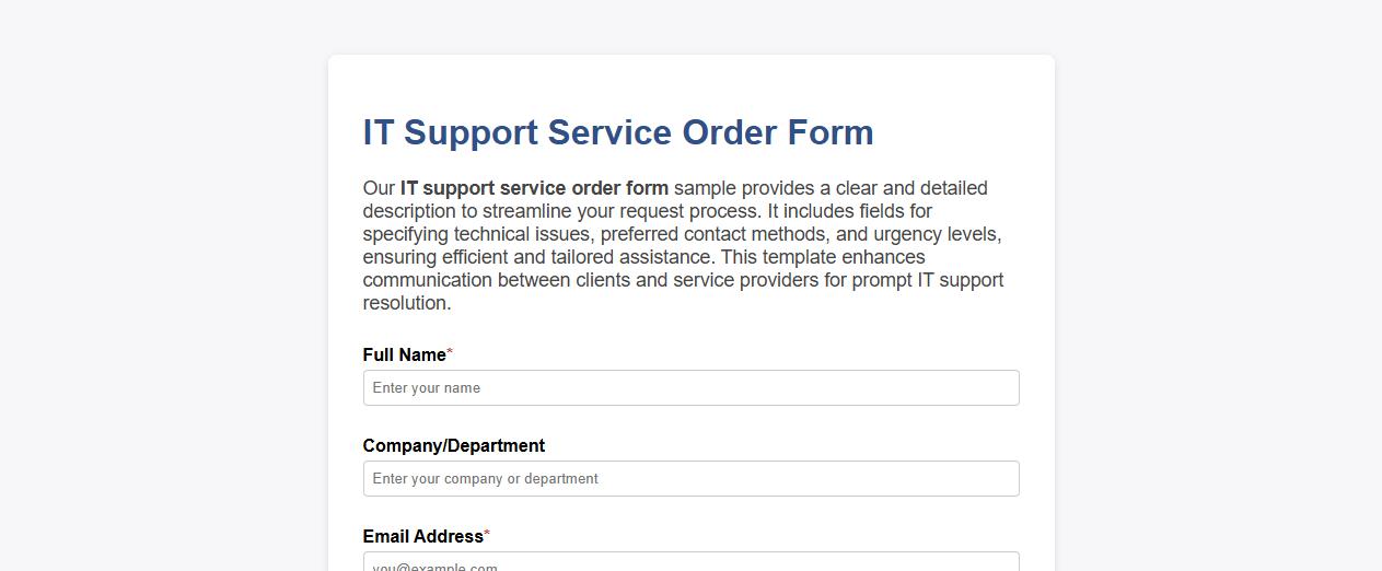 IT support service order form sample with detailed description image preview