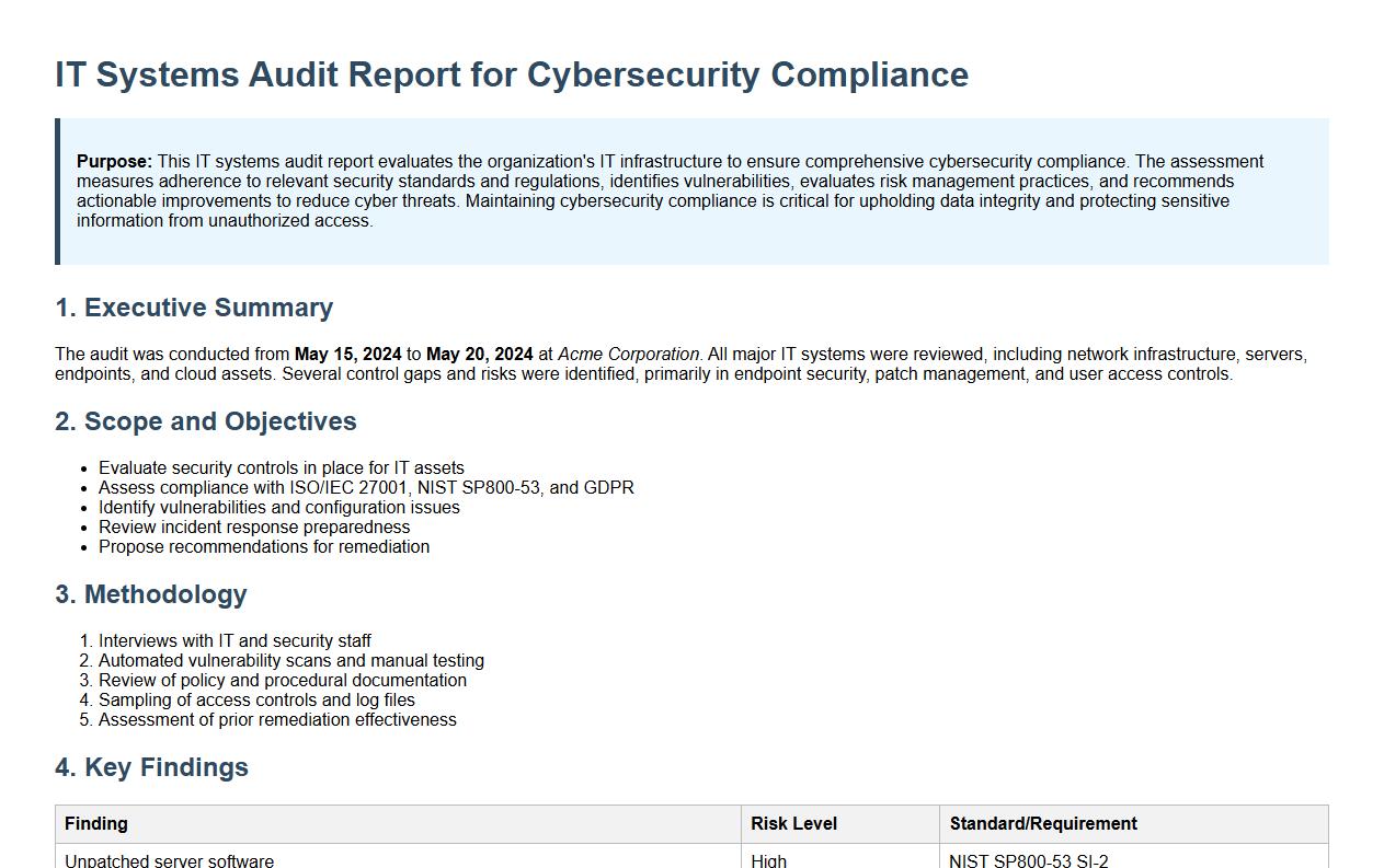 IT systems audit report for cybersecurity compliance image preview