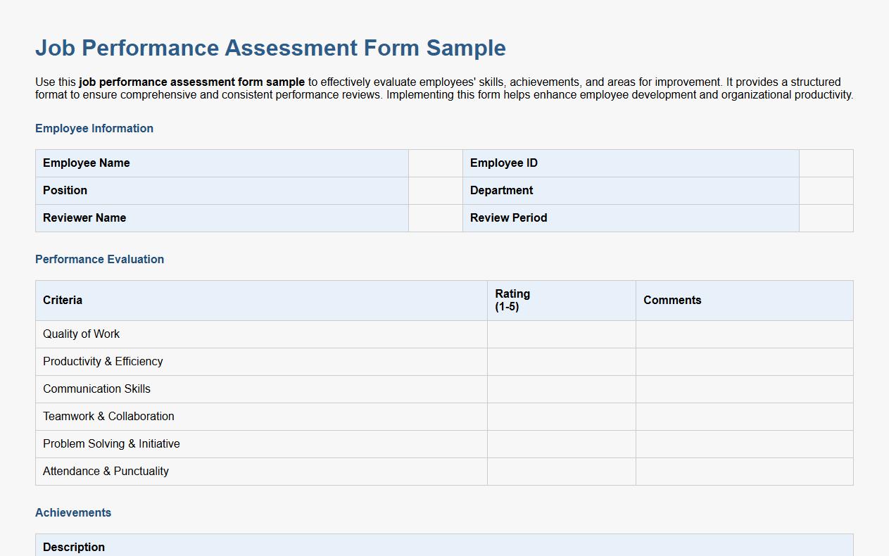 Job performance assessment form sample for employees image preview