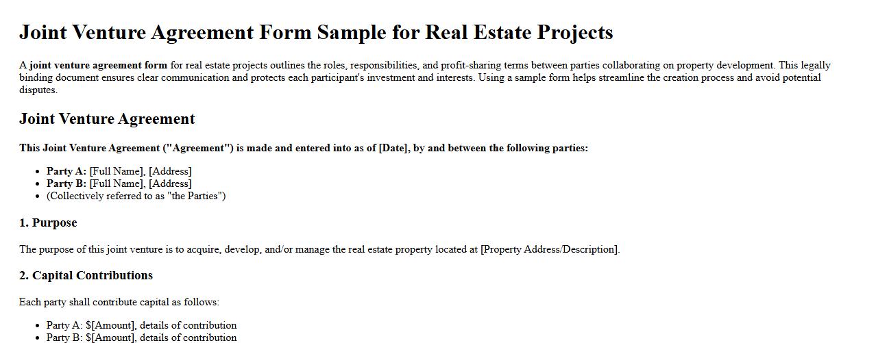 Joint venture agreement form sample for real estate projects image preview