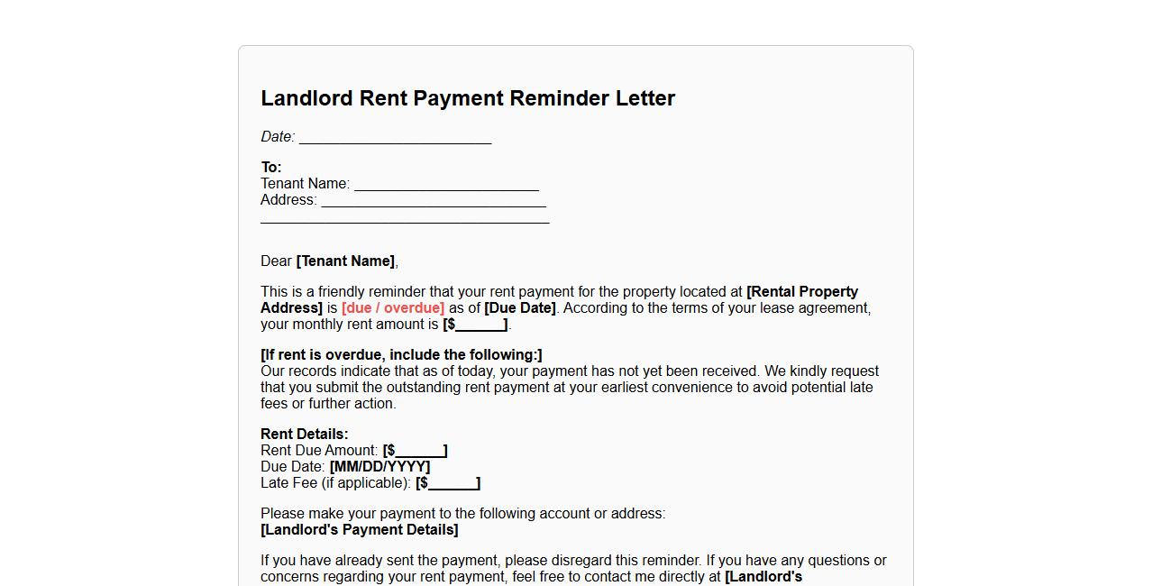landlord rent payment reminder letter form sample image preview