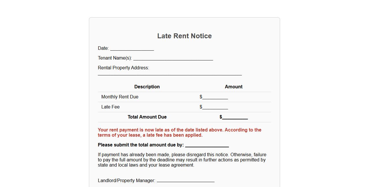 Late rent notice form sample including late fees image preview