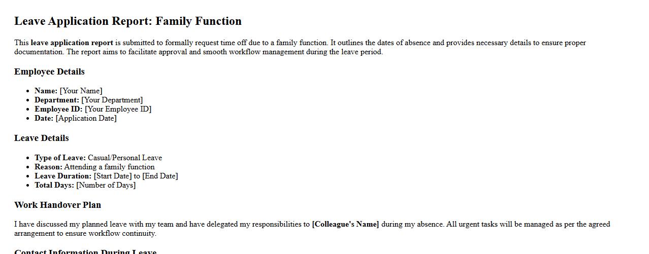 Leave application report due to family function image preview