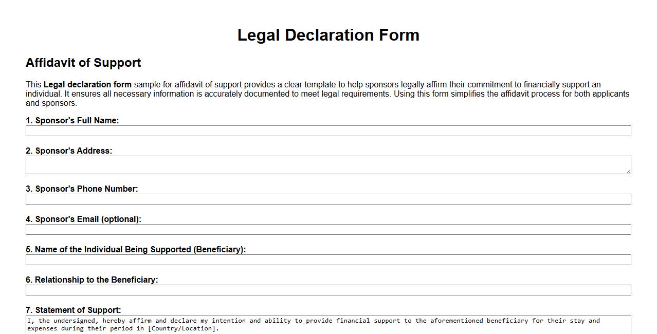 Legal declaration form sample for affidavit of support image preview