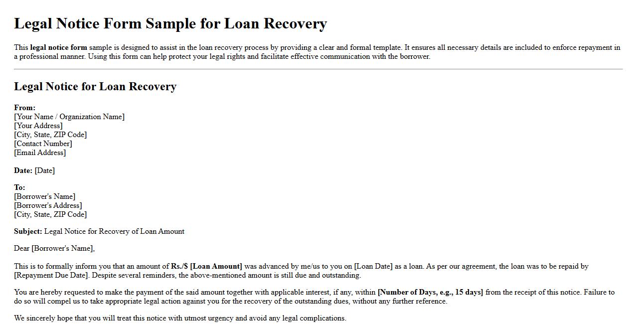Legal notice form sample for loan recovery image preview