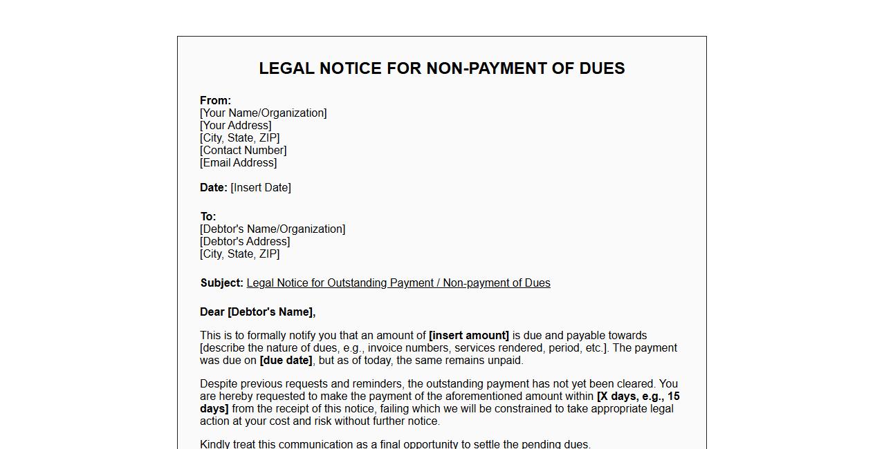 Legal notice form sample for non-payment of dues image preview