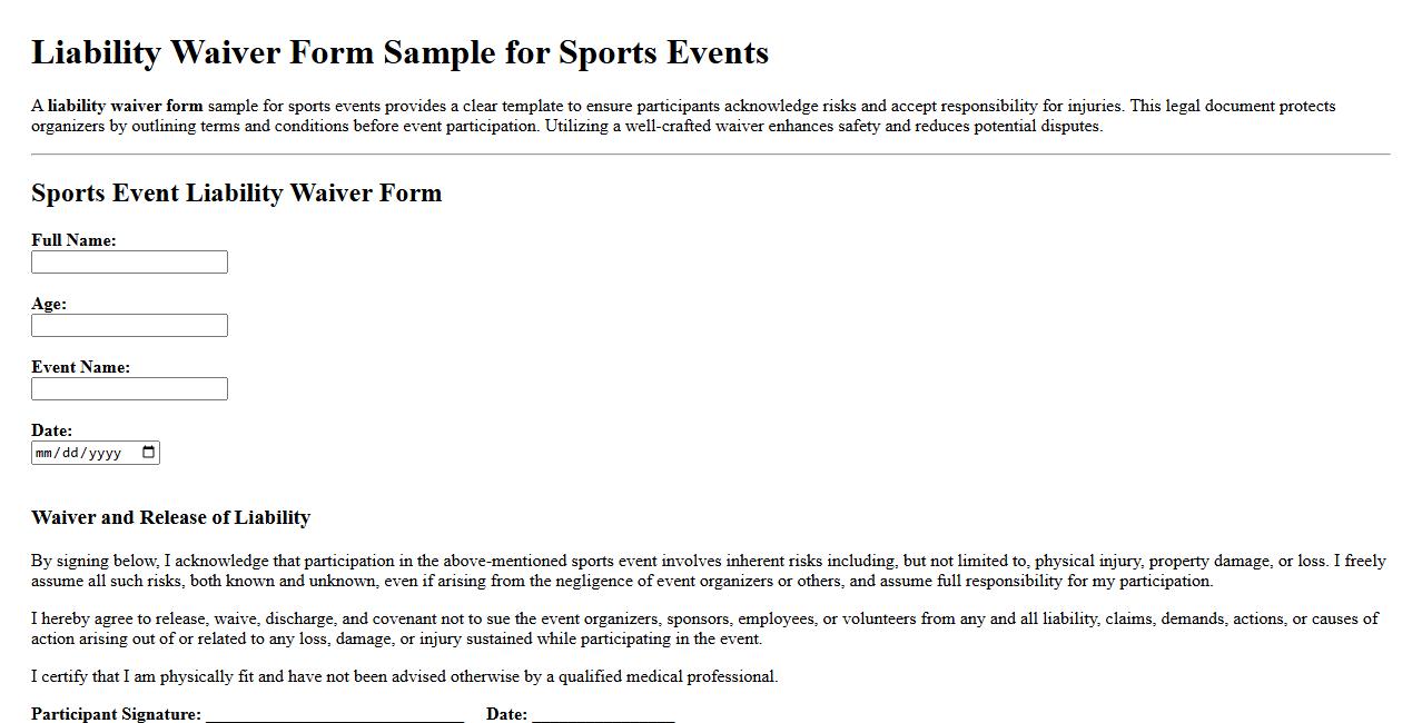 Liability waiver form sample for sports events image preview