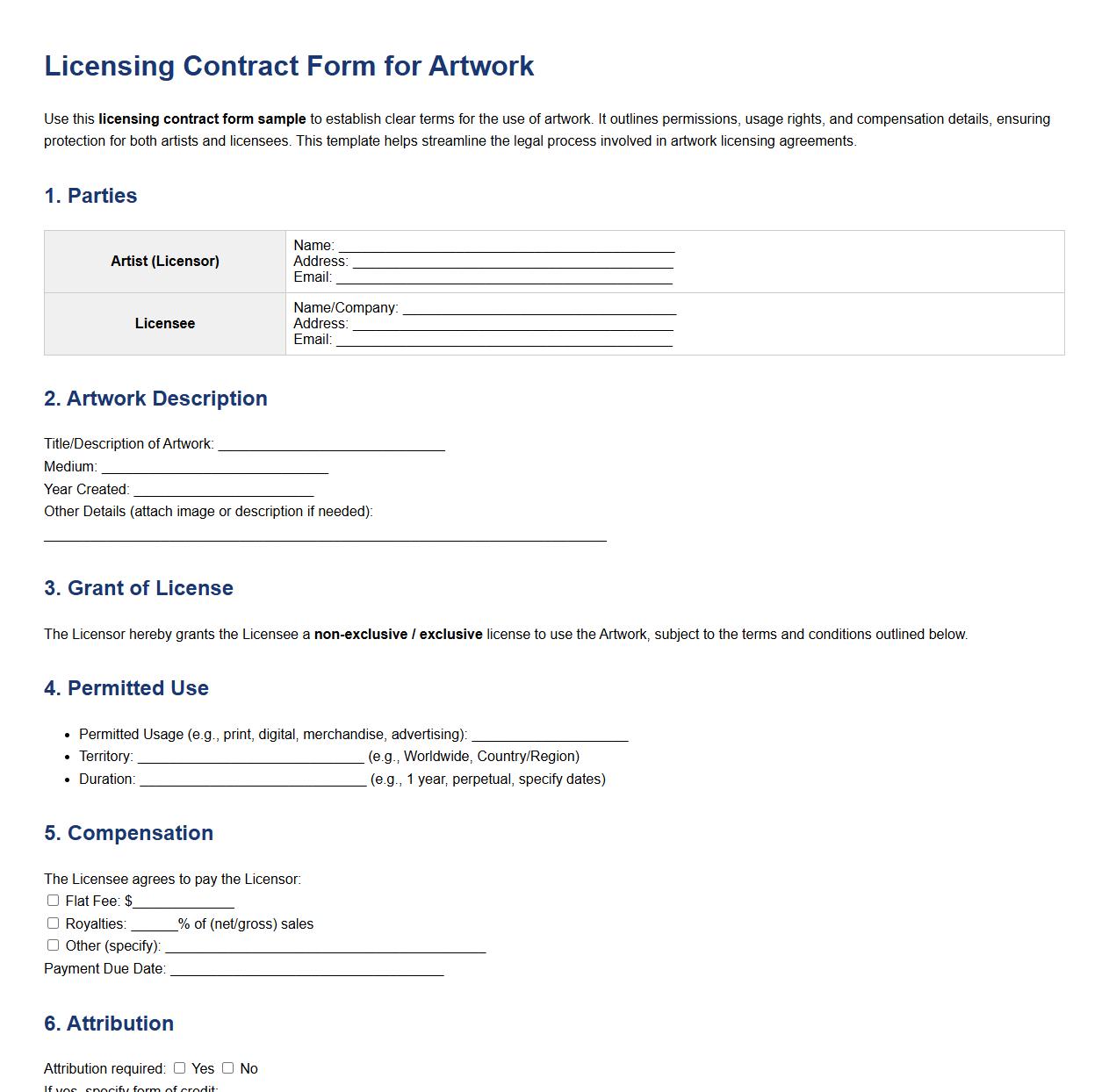 licensing contract form sample for artwork image preview