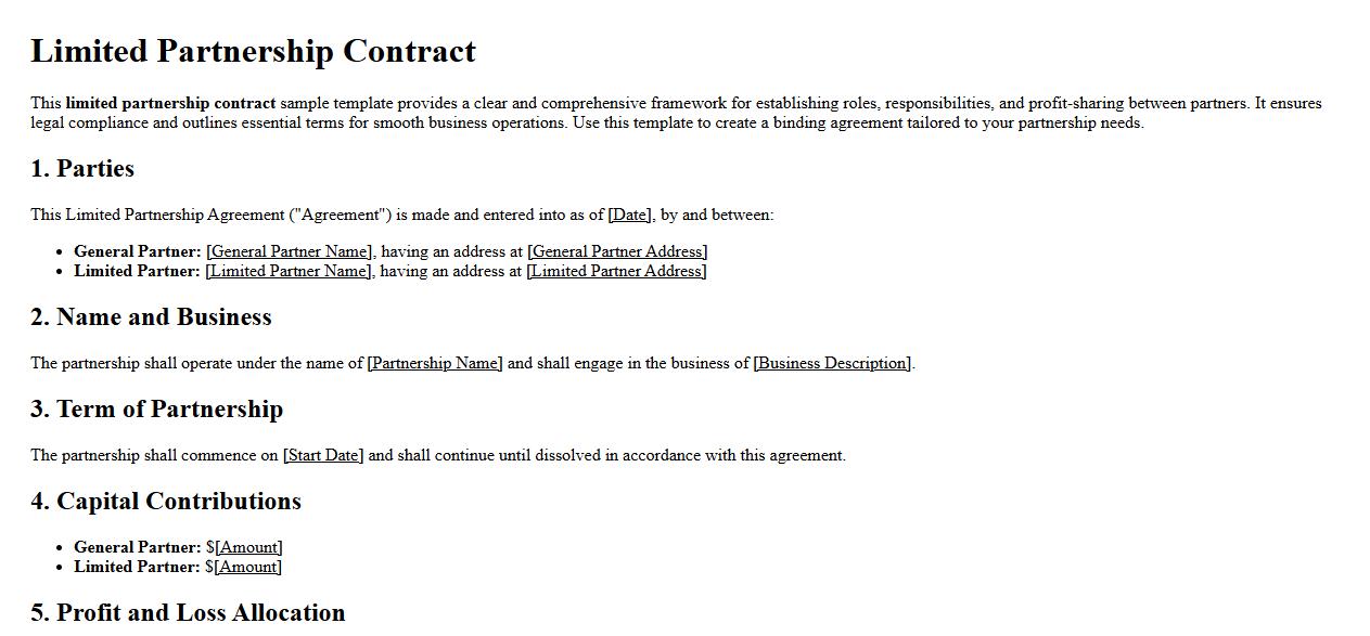 Limited partnership contract form sample template image preview