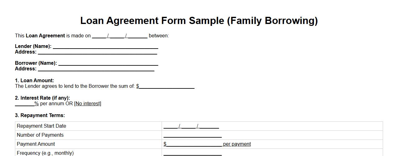 Loan agreement form sample for family borrowing image preview