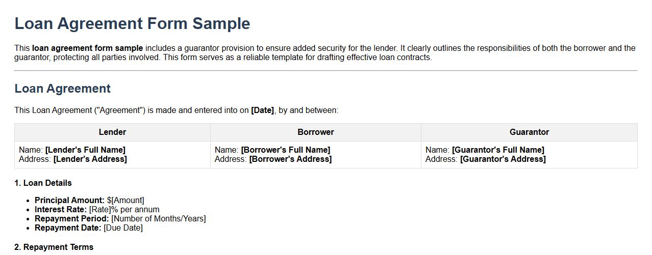 Loan agreement form sample with guarantor provision image preview