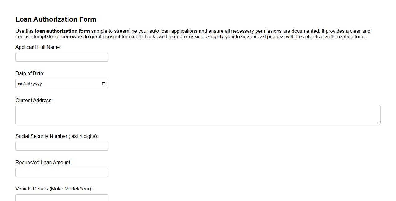 Loan authorization form sample for auto loan applications image preview