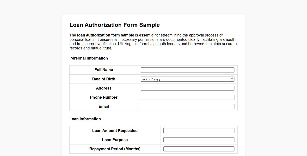 Loan authorization form sample for personal loan approval image preview