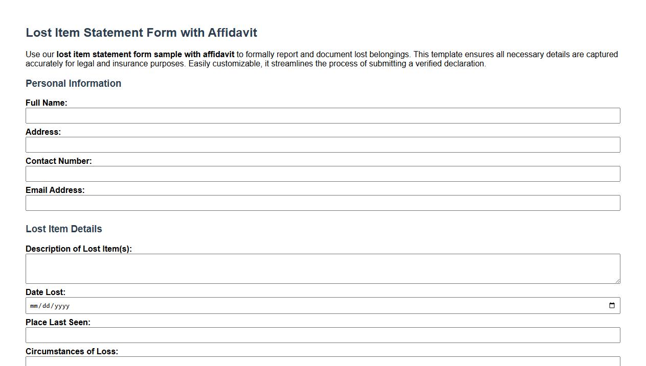 lost item statement form sample with affidavit image preview