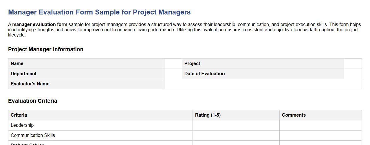 manager evaluation form sample for project managers image preview