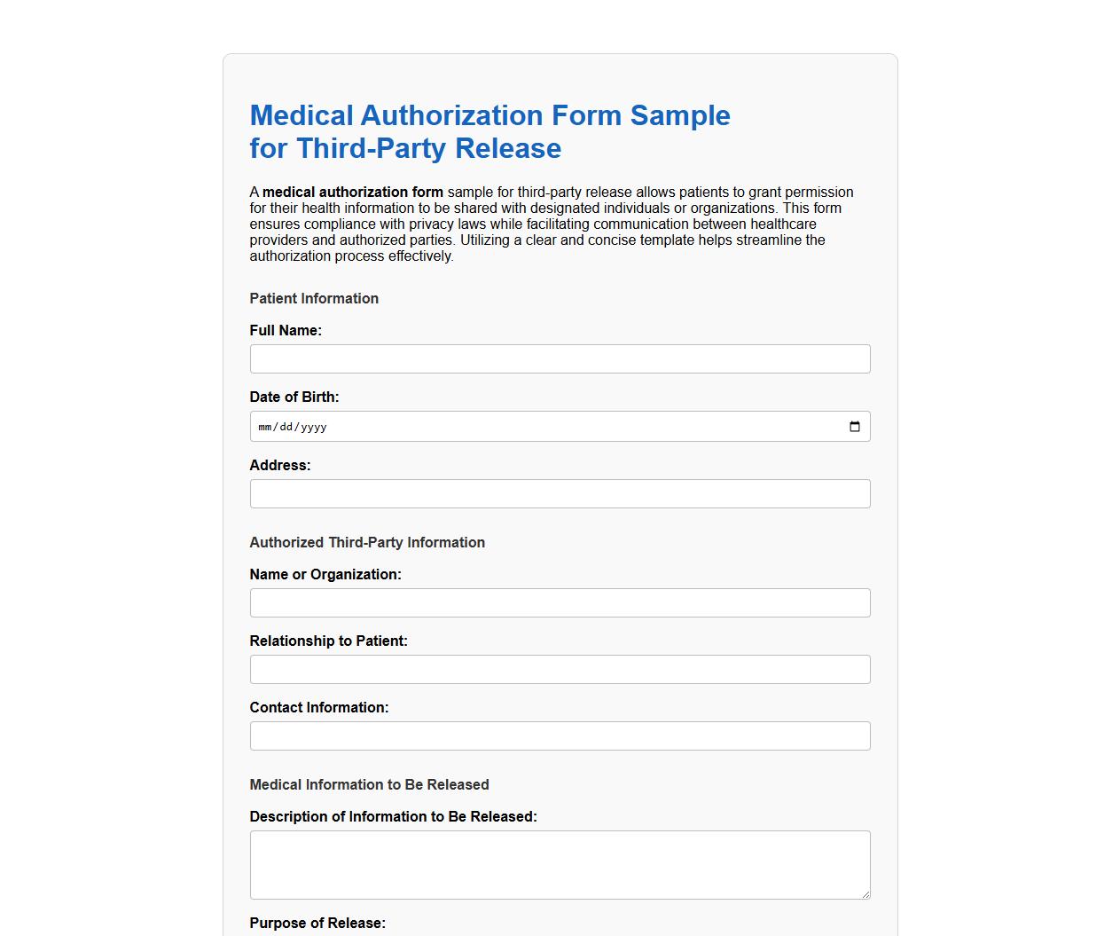 Medical authorization form sample for third-party release image preview
