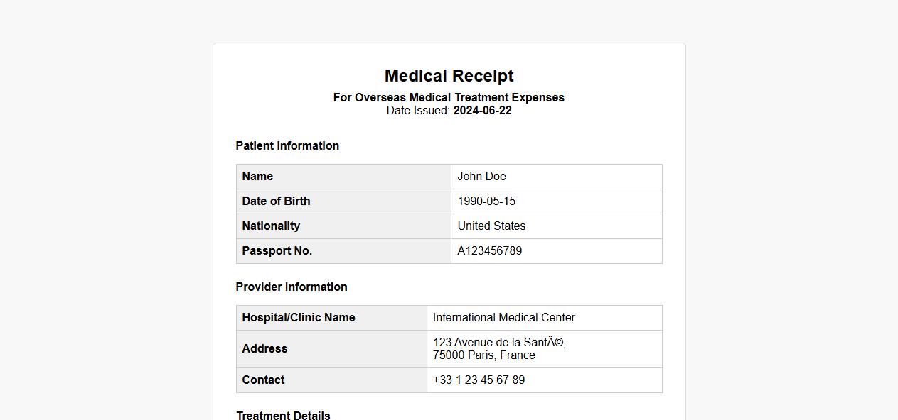 medical receipt for overseas medical treatment expenses image preview