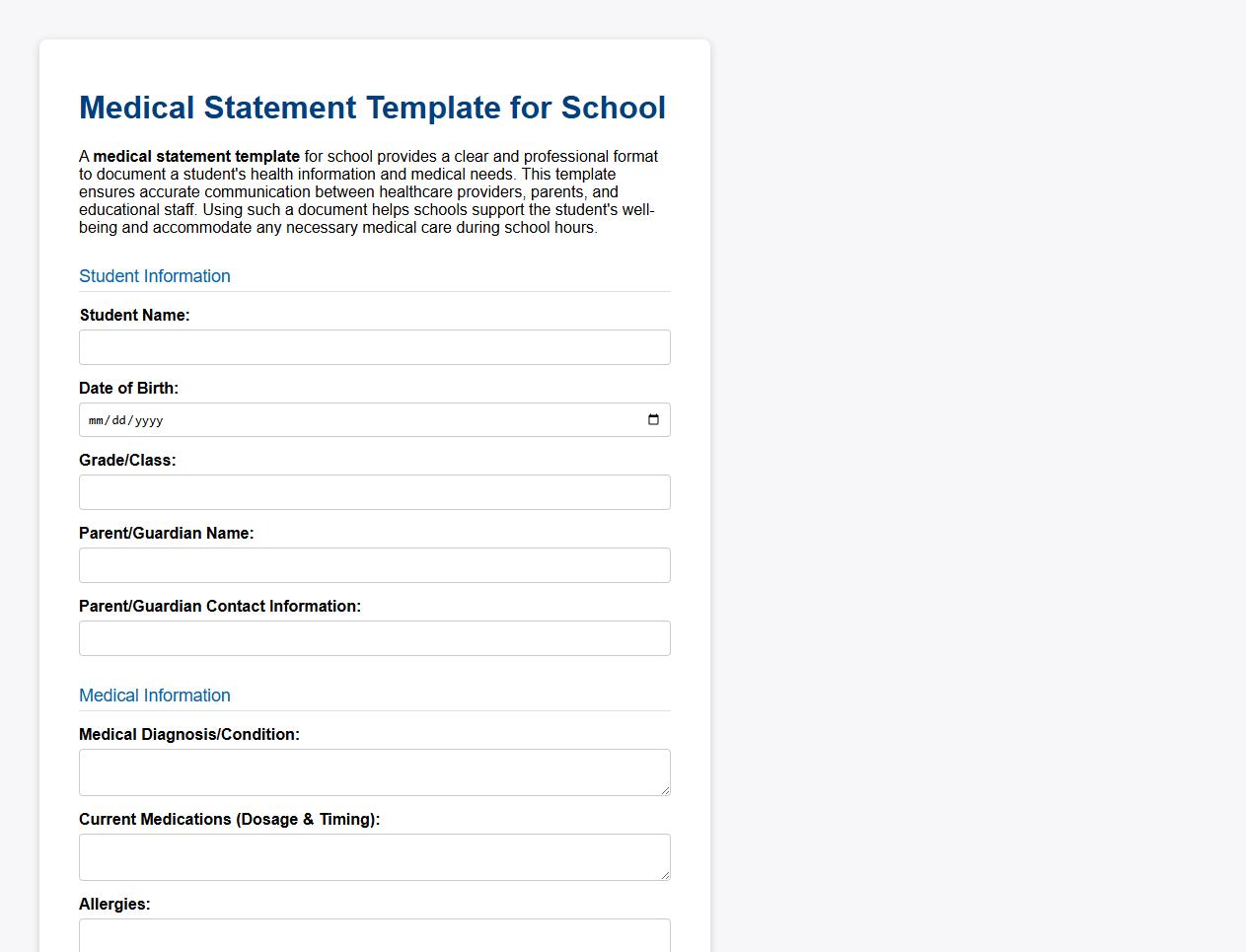 Medical statement template for school image preview