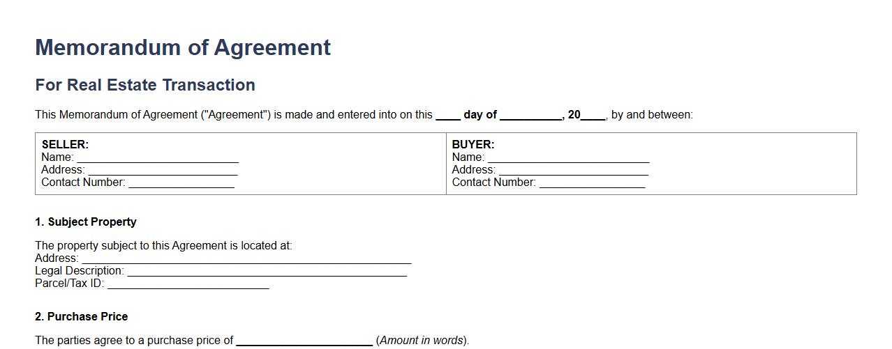 Memorandum of agreement form sample for real estate transaction image preview