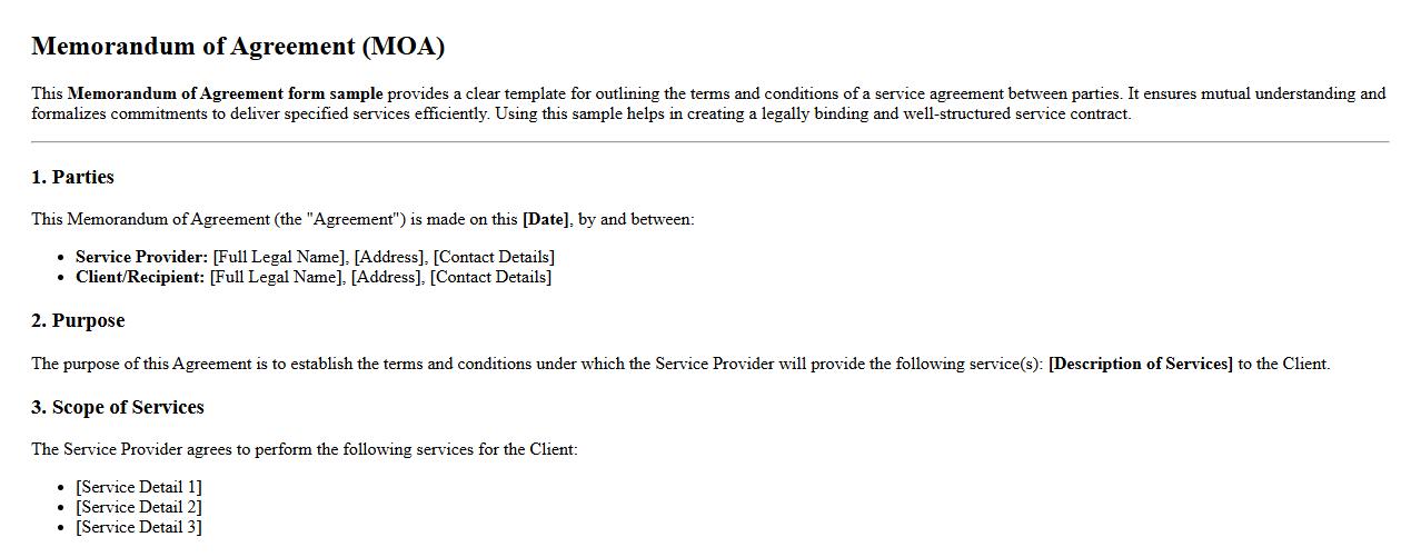 Memorandum of agreement form sample for service agreement image preview