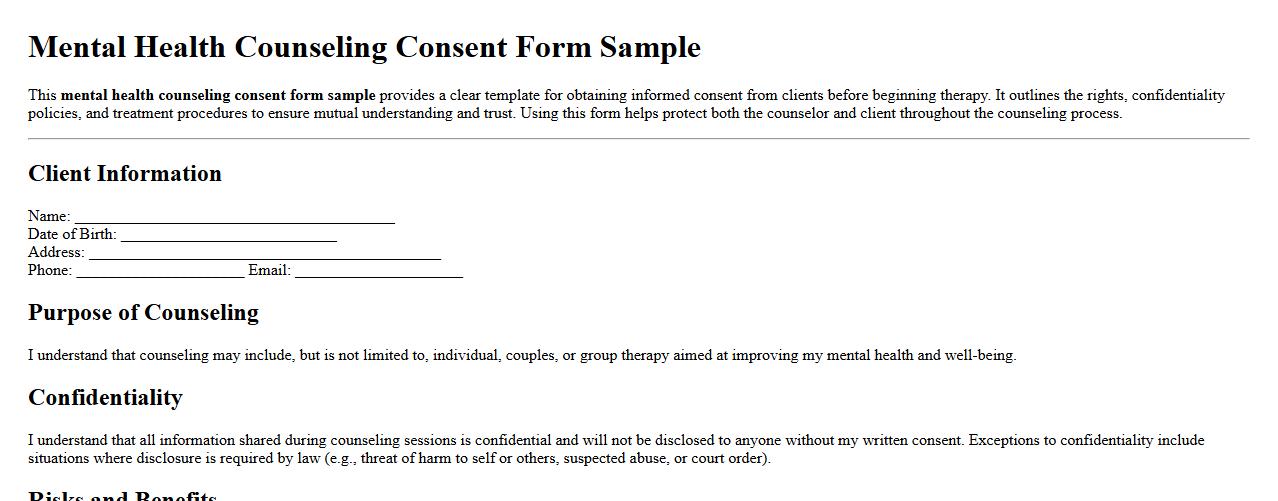Mental health counseling consent form sample image preview