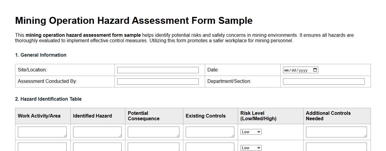 mining operation hazard assessment form sample image preview