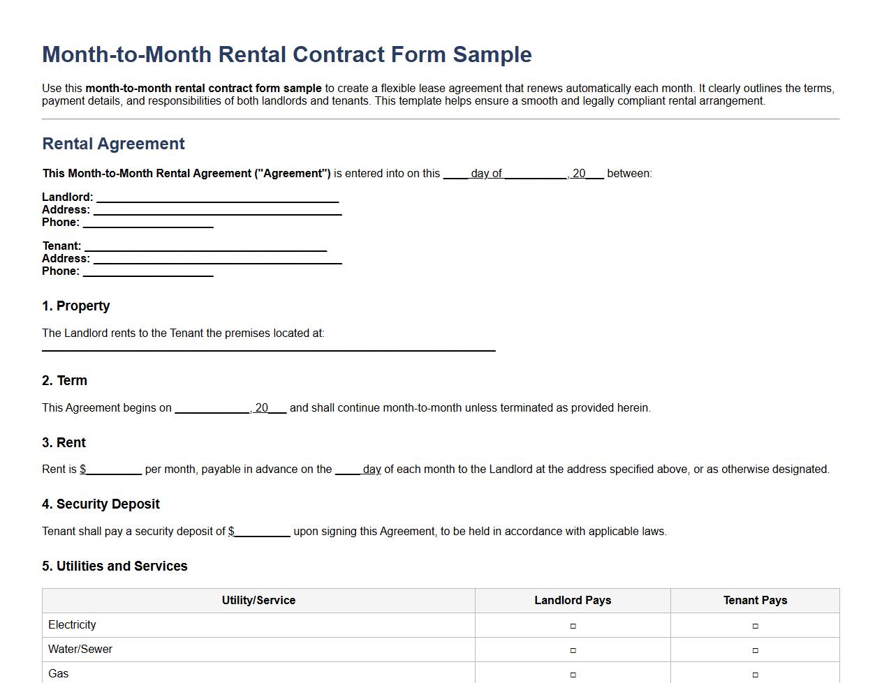Month-to-month rental contract form sample image preview