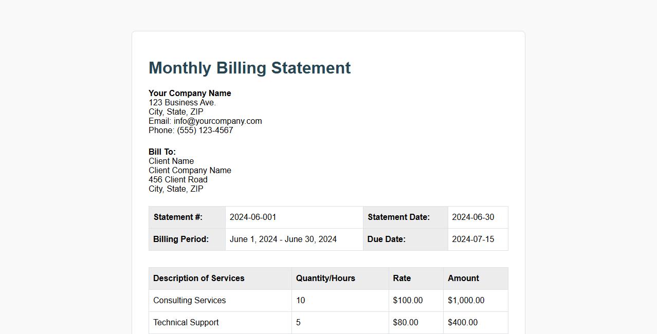 Monthly billing statement template for service providers image preview